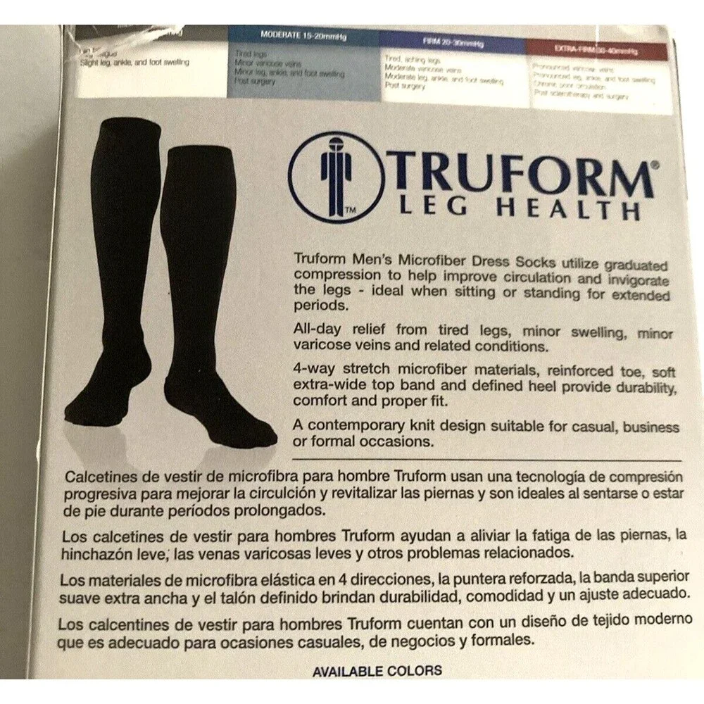 New Truform Mens Knee High Compression Socks Large Moderate Black 15-20 Open Box